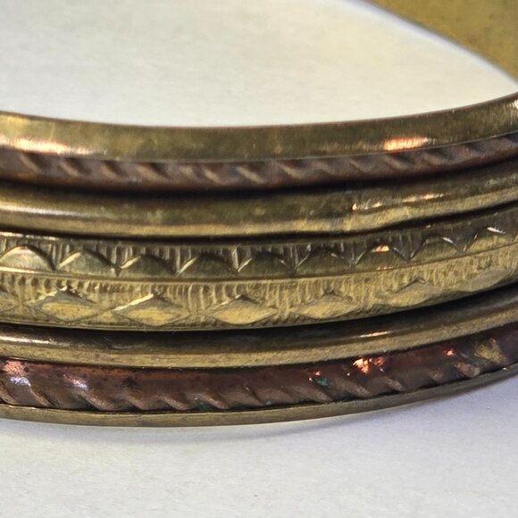 Vintage Bangle Bracelet Mixed Metal Etched Brass & Copper Boho Gypsy Style 8.5in - Picture 2 of 8